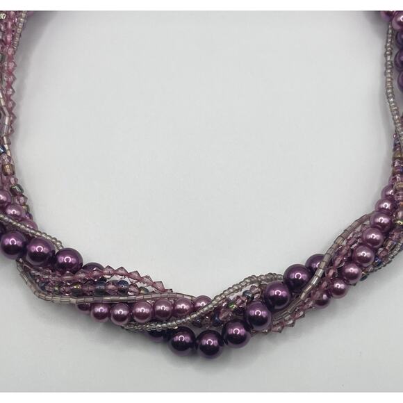 Twisted Multi Strand Purple Beaded Faux Pearl Necklace 17" Statement Jewelry - Picture 2 of 8